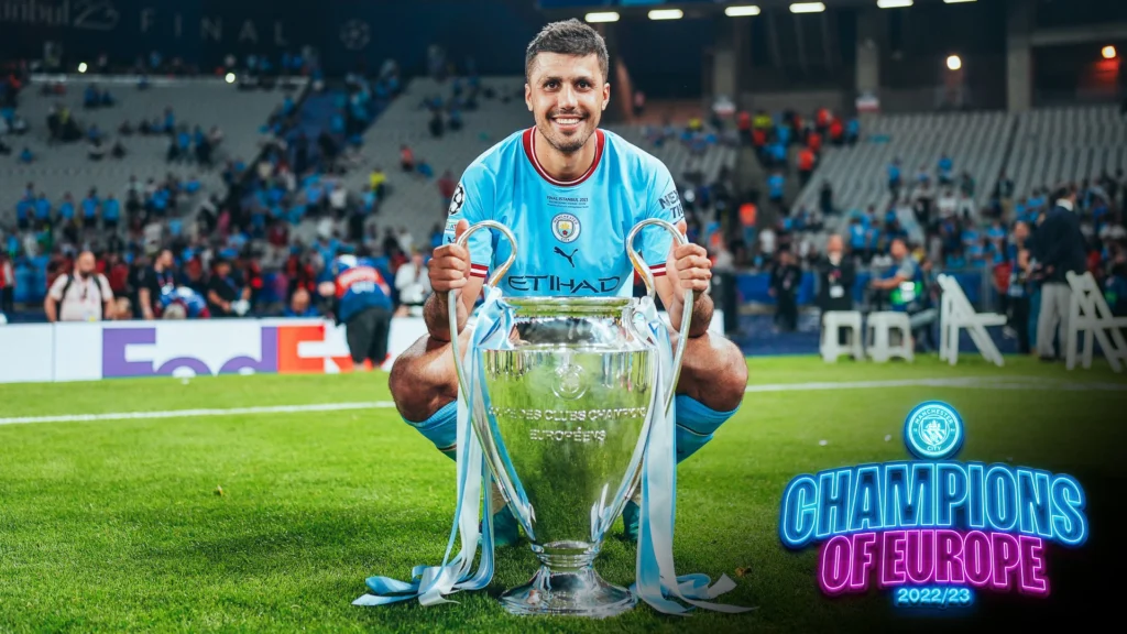 Rodri Real Madrid avec trophée Ligue des champions Manchester City